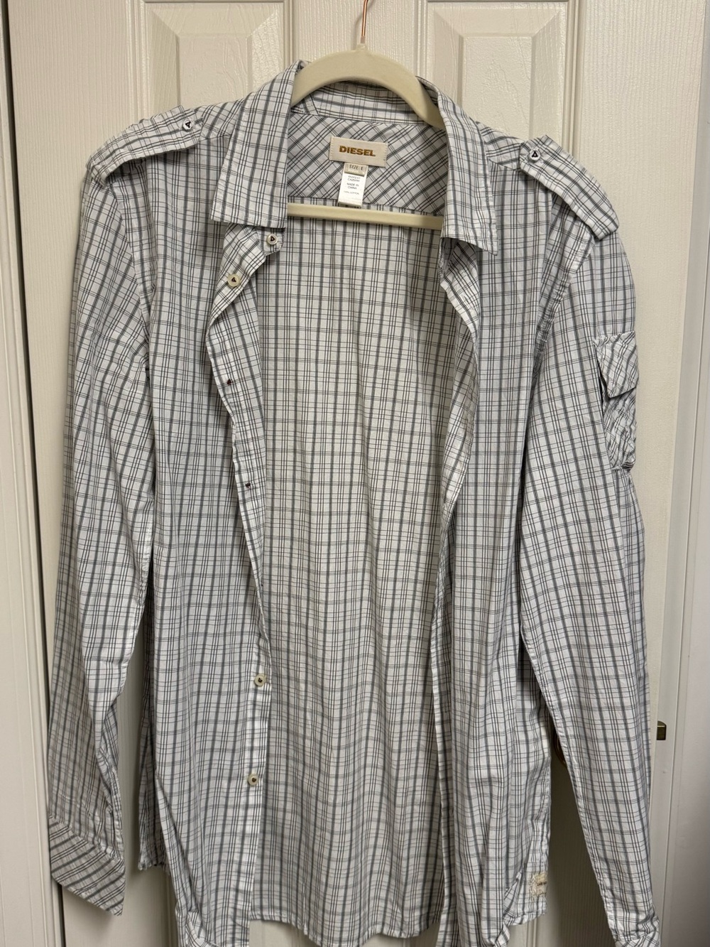Diesel White Shirt with Black Plaid Stripes
